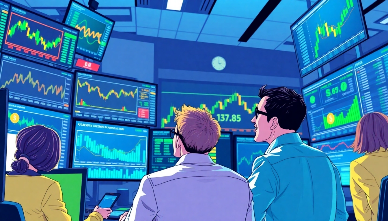 Enthusiastic traders analyzing real-time charts for Tradings in a modern office.