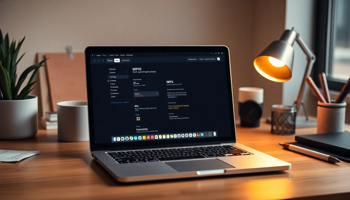 Navigate WPS中文版 software's features in a modern workspace with a laptop and stationery for enhanced productivity.