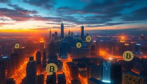 Illustrate the vibrant cityscape infused with Bitcoin symbols celebrating the digital currency's innovative nature.