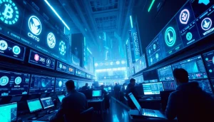 Explore a dynamic crypto marketplace featuring illuminated trading screens and traders engaging with advanced technology.