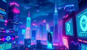 Showcase a vibrant futuristic city where Crypto values dynamically change on digital screens, embodying innovation and excitement.