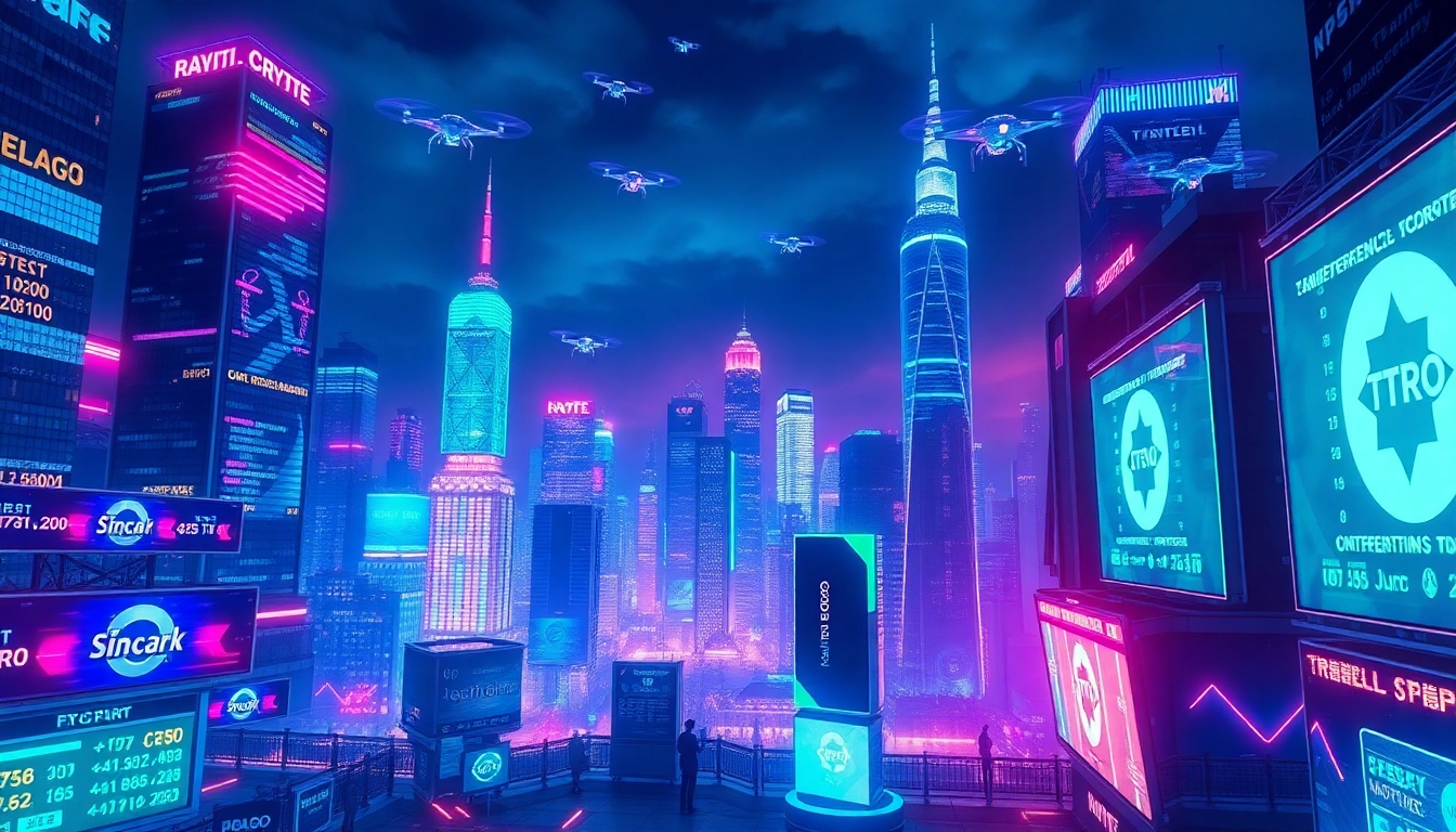 Showcase a vibrant futuristic city where Crypto values dynamically change on digital screens, embodying innovation and excitement.
