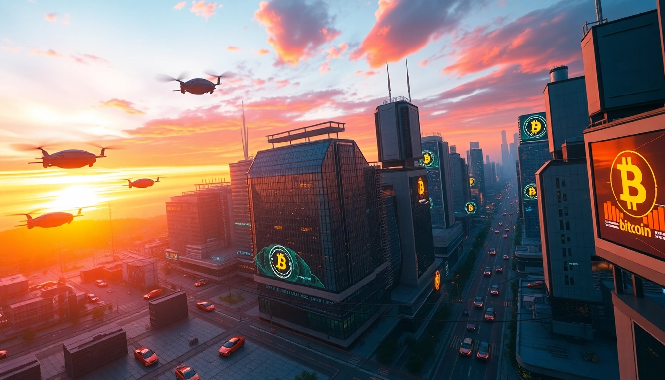 Visualize the dynamic future of Bitcoin as the global currency in a vibrant digital city.