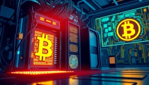 Depicting an advanced Bitcoin mining rig in action, showcasing the vibrant technology behind Bitcoin mining.